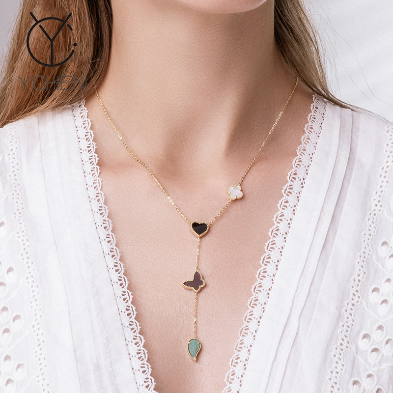 坠链均925银 四叶草项链女小众轻奢Y字链S925银锁骨链蝴蝶吊坠