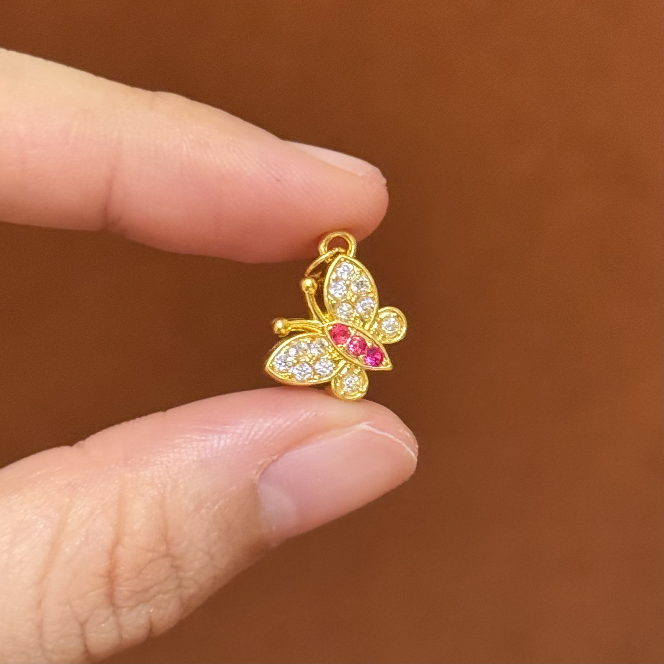 贝贝黄金 足金999 拼色满钻蝴蝶 粉白 点钻 圆环 5D工艺 3338