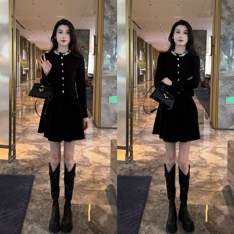女秋季钻领正肩开衫显瘦修身长袖短款上衣+高腰半身裙套装