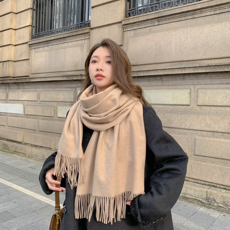 流苏加厚围巾男女通用100%纯羊毛披肩放风保暖护脖纯色秋冬百搭