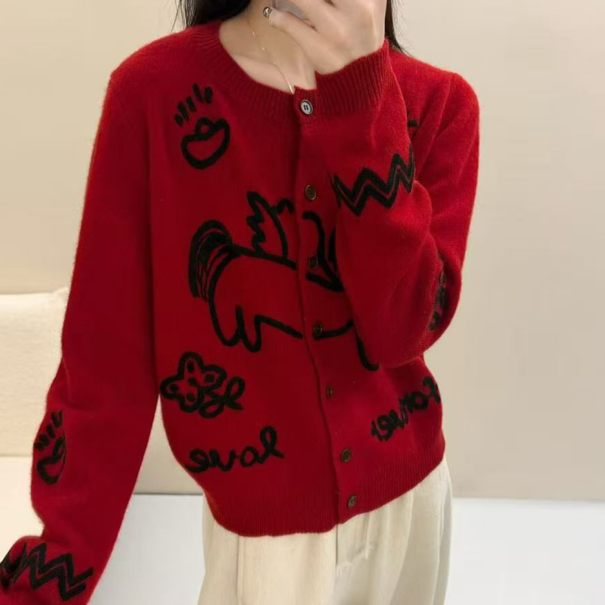 元宝小马提花慵懒风圆领针织开衫女秋冬宽松显瘦长袖毛衣上衣