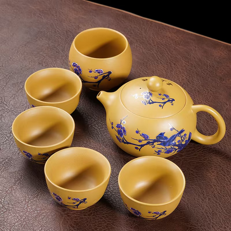 【M】紫砂黄段喜上眉梢西施壶一壶五杯