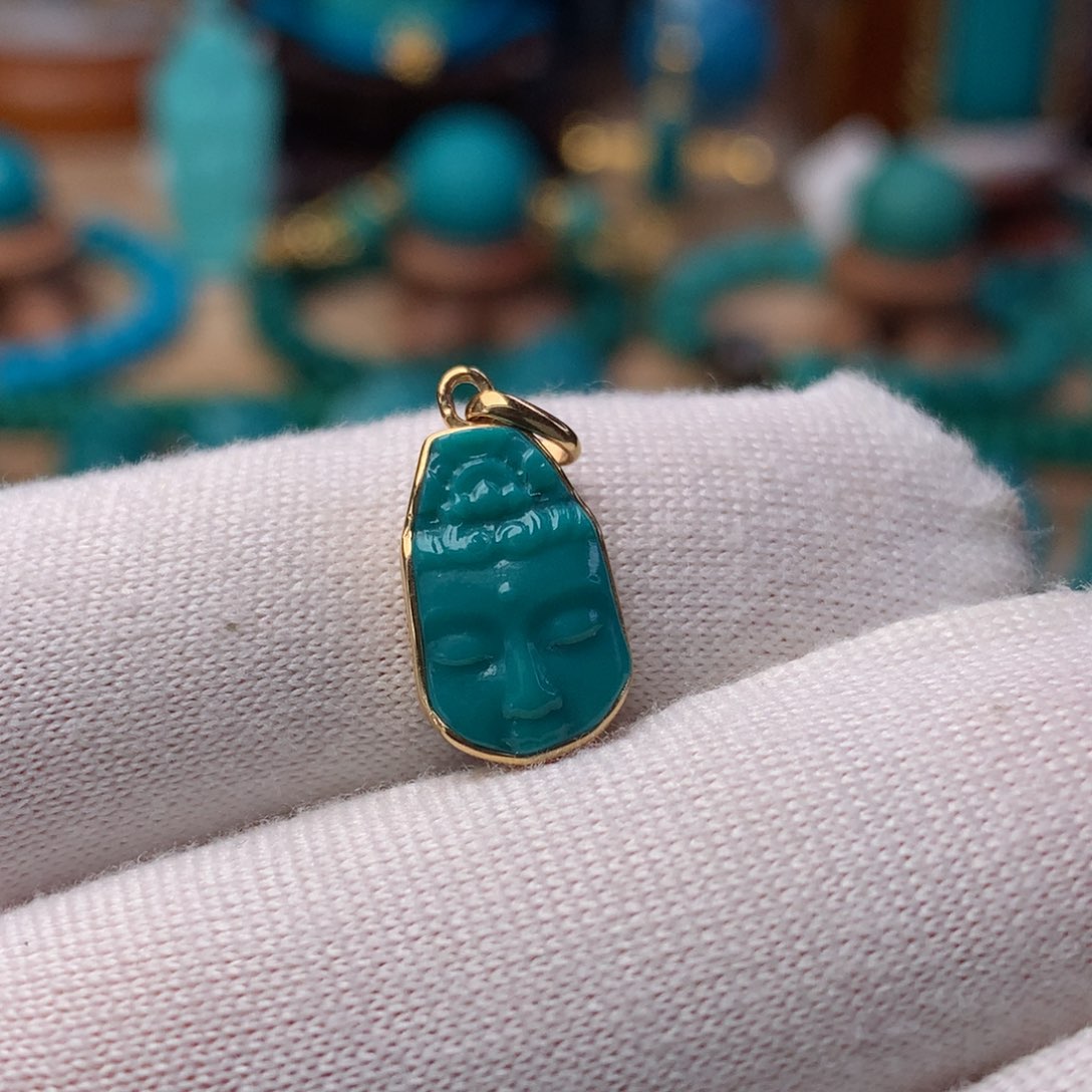绿松石珠宝奇石18K金镶嵌残佛挂件