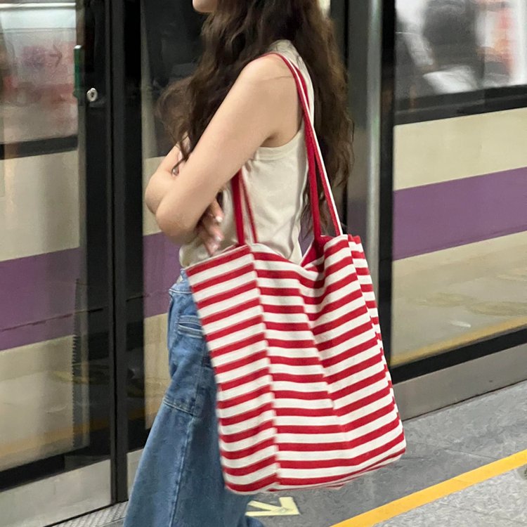 撞色条纹帆布包韩版简约学生文艺单肩包便携通勤休闲女生腋下包包