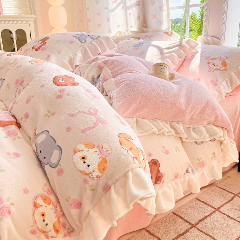 公主风牛奶绒花边四件套冬季加厚加绒床单被套学生宿舍单人三件套