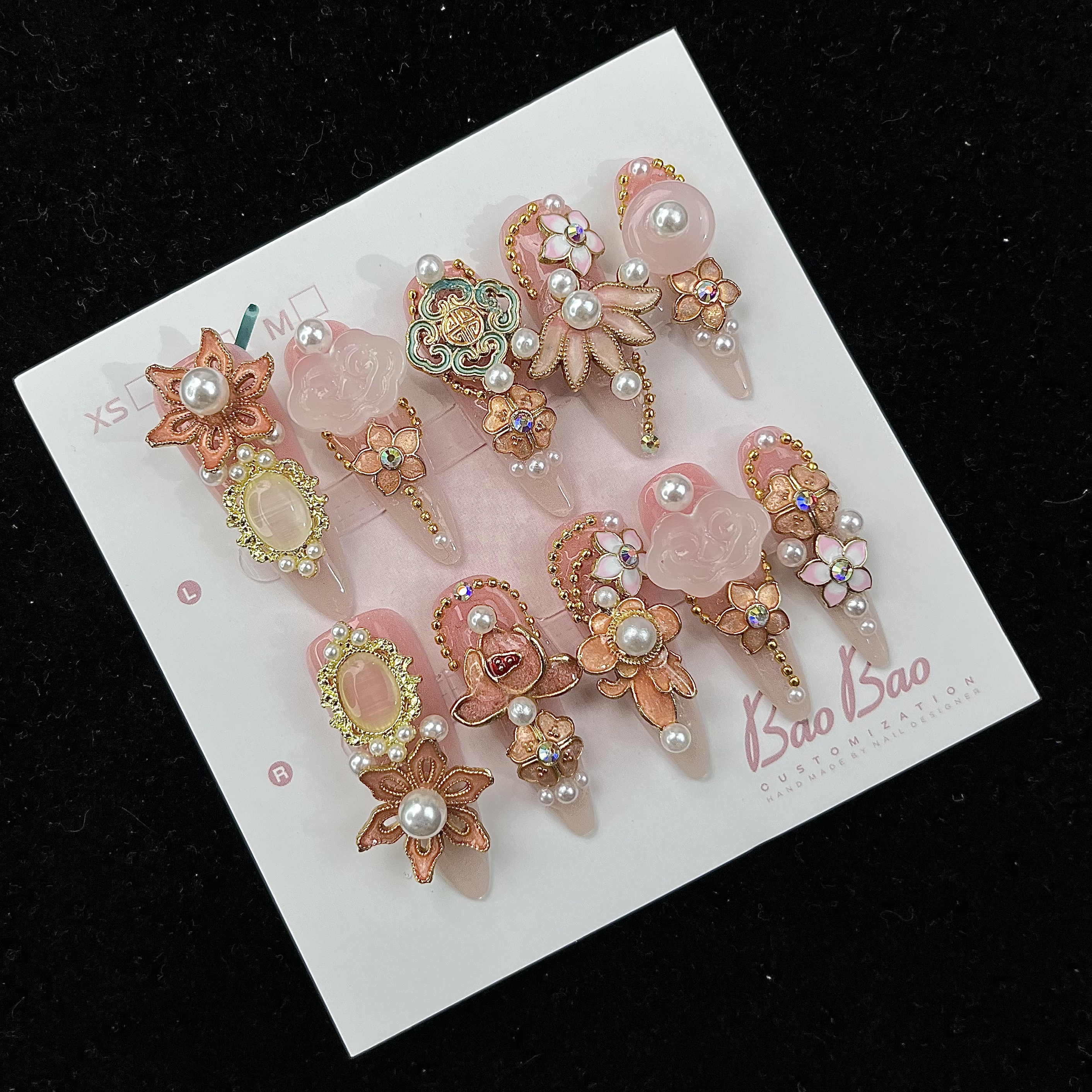 【BAO粉色3.0尖国风】古风掐丝景泰蓝元素超长重工尖长手工穿戴甲