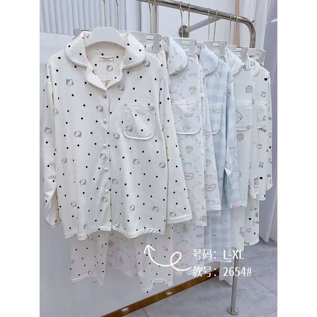 秋冬季糯米绒印花 睡衣女长袖长裤超细绒卡通甜美家居服套装