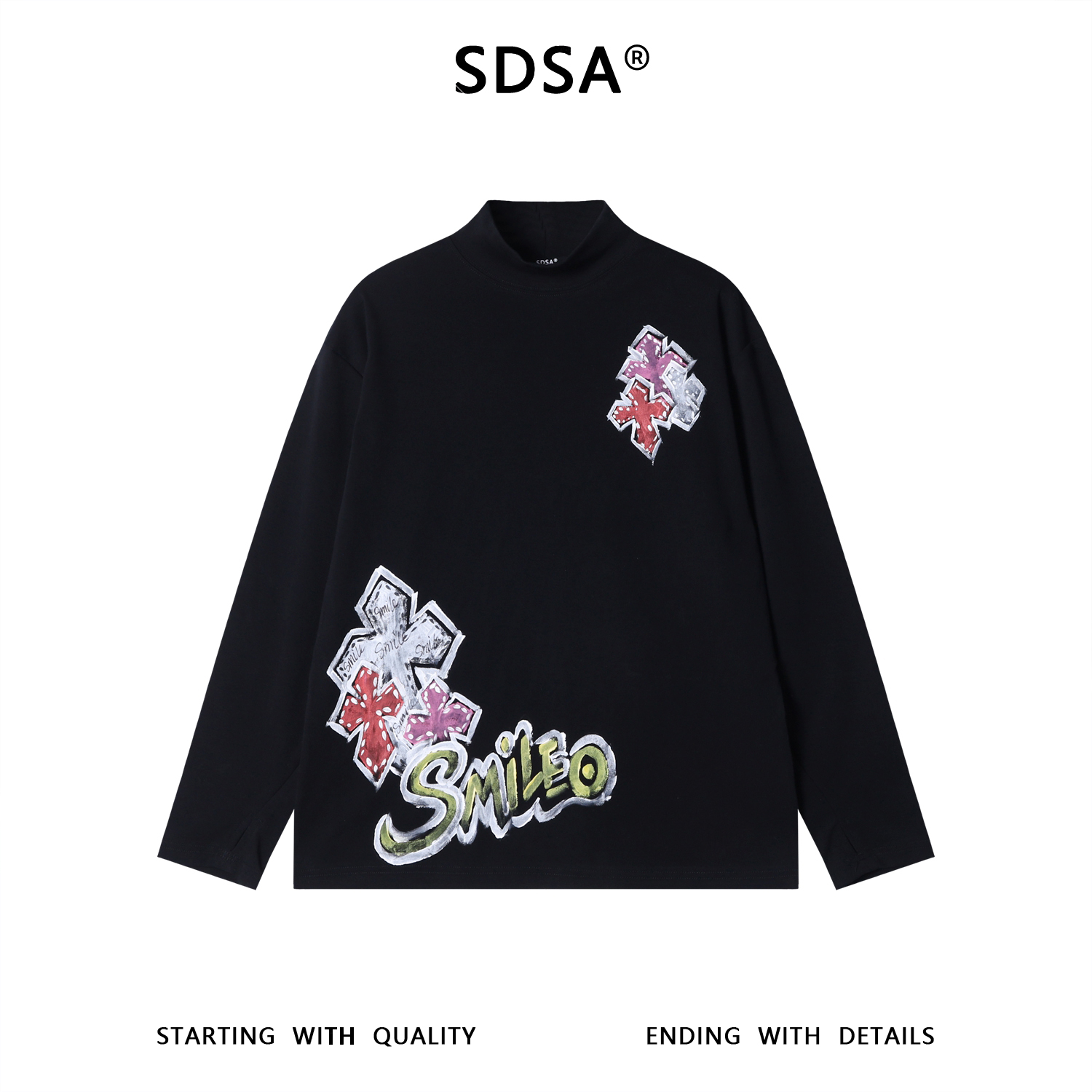 SDSA秋冬新款痞帅男装美式十字字母印花立领长袖T恤时尚打底衫