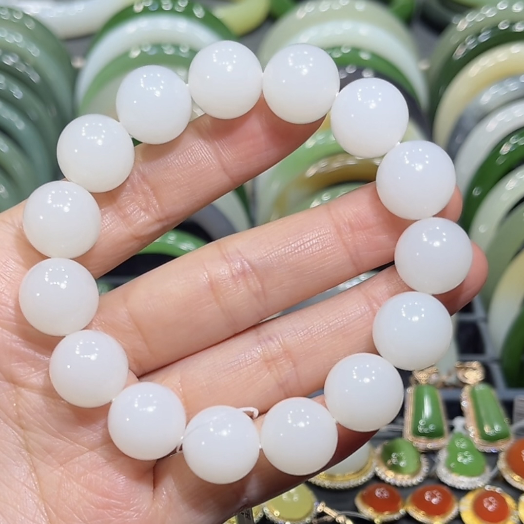 收藏级！和田玉新疆山流水白玉手串14mm