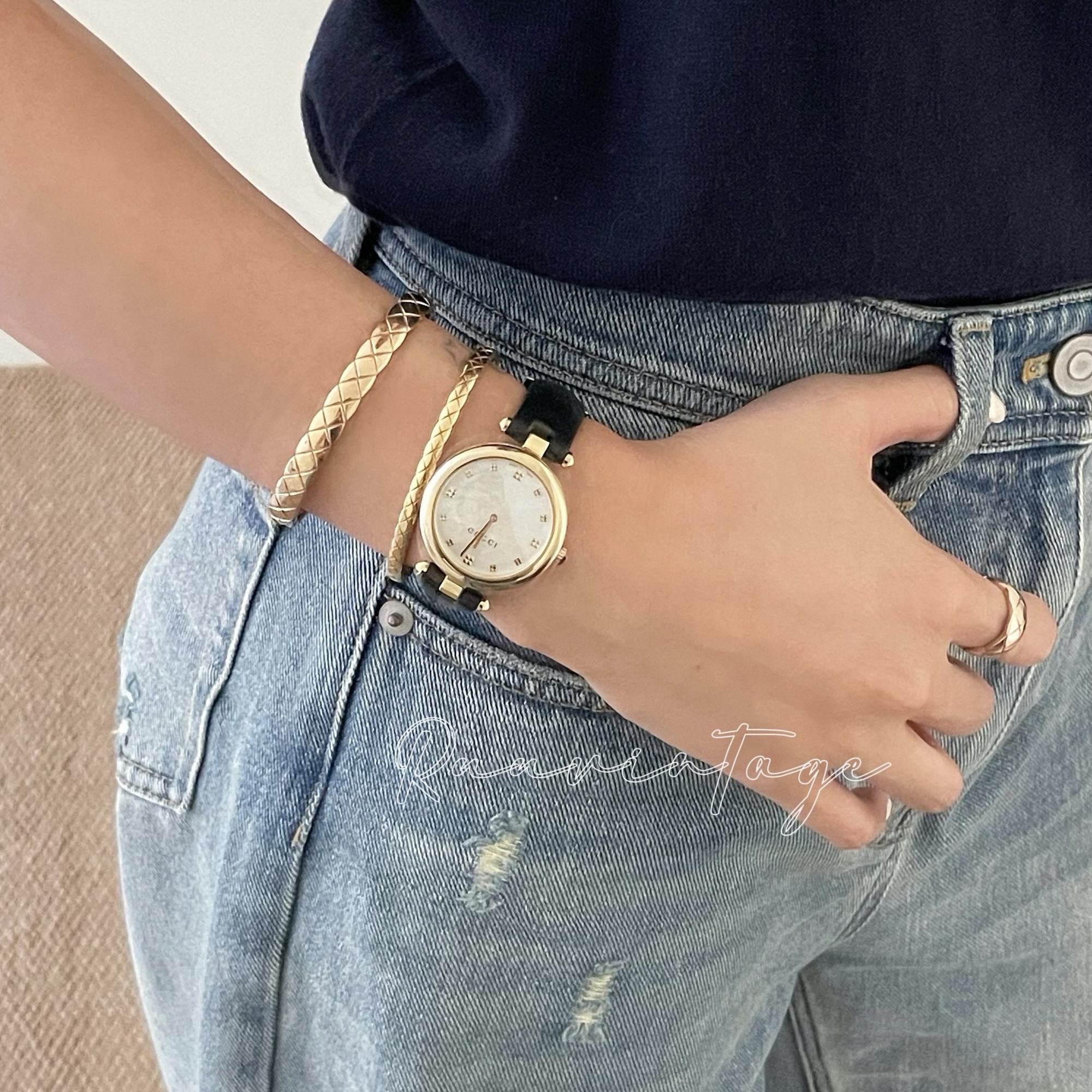 99新 GUCCI/古驰 Diamantissima黑金贝母色表盘女士石英手表 6710