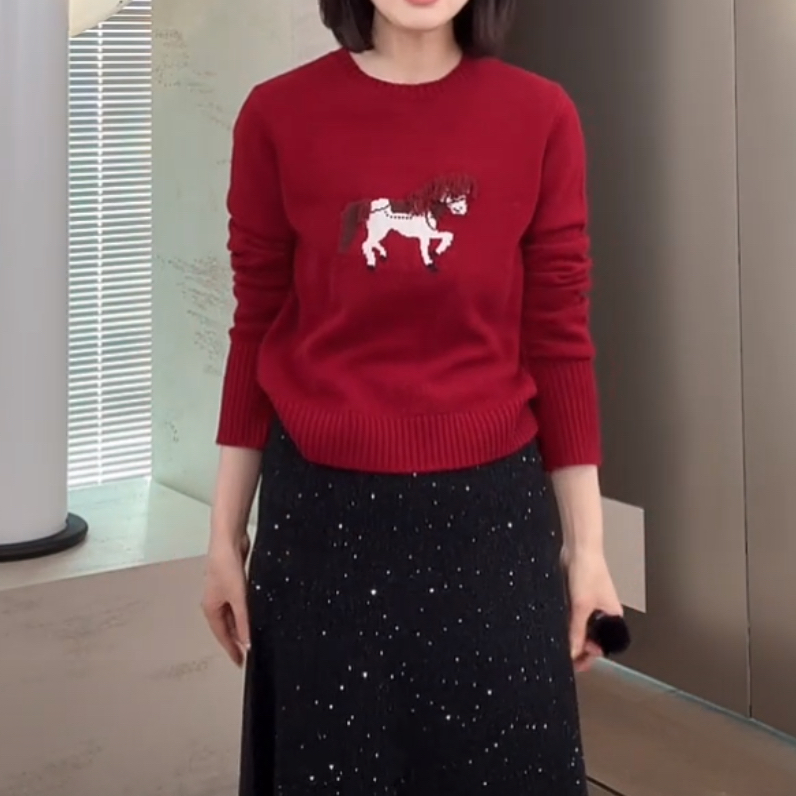 【摇滚小马】新年趣味提花小马图案套头毛衣2026新款秋冬时尚针织衫