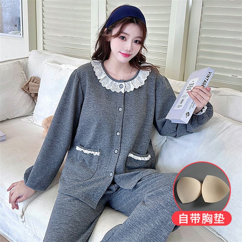 羊绒带胸垫新款睡衣女长袖甜美简约百搭韩系家居服套装