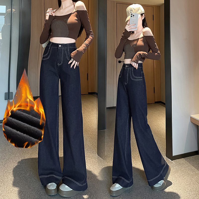 加绒秋季新款不贴腿筒喇叭裤牛仔裤女长裤宽松高腰小个子九分