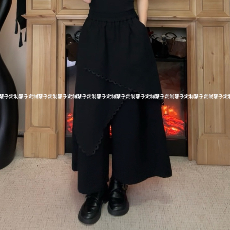 HZ“艺术生”原创高腰复古不规则压边叠层8分阔腿裤气质黑色显瘦