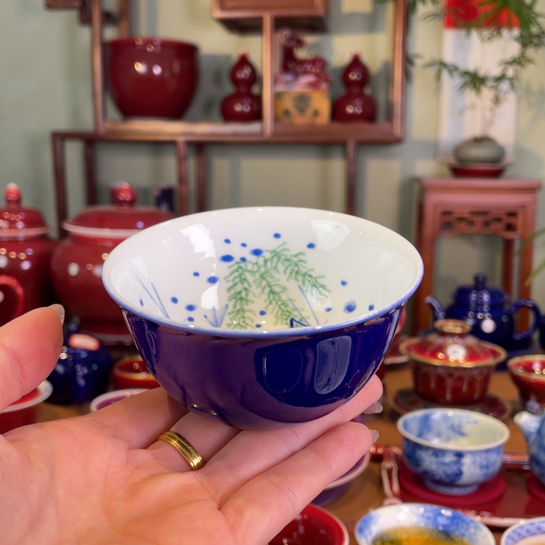 清欢雅玩原矿霁蓝虾趣福利鸡缸杯