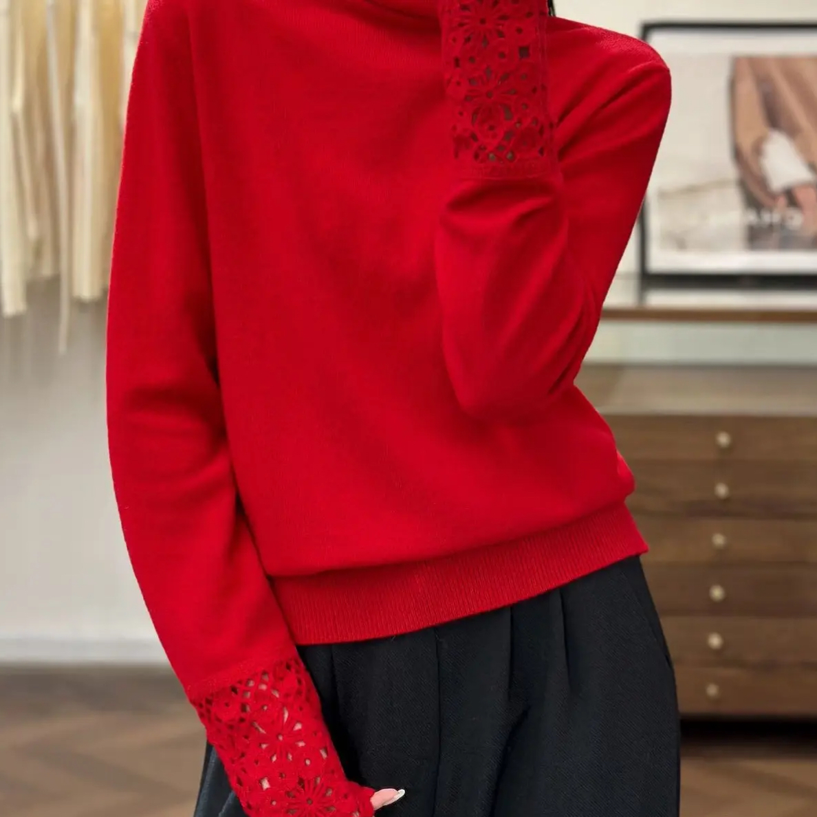 韩版翻领镂空钩花设计袖口宽松简约显瘦女士衫秋冬针织衫
