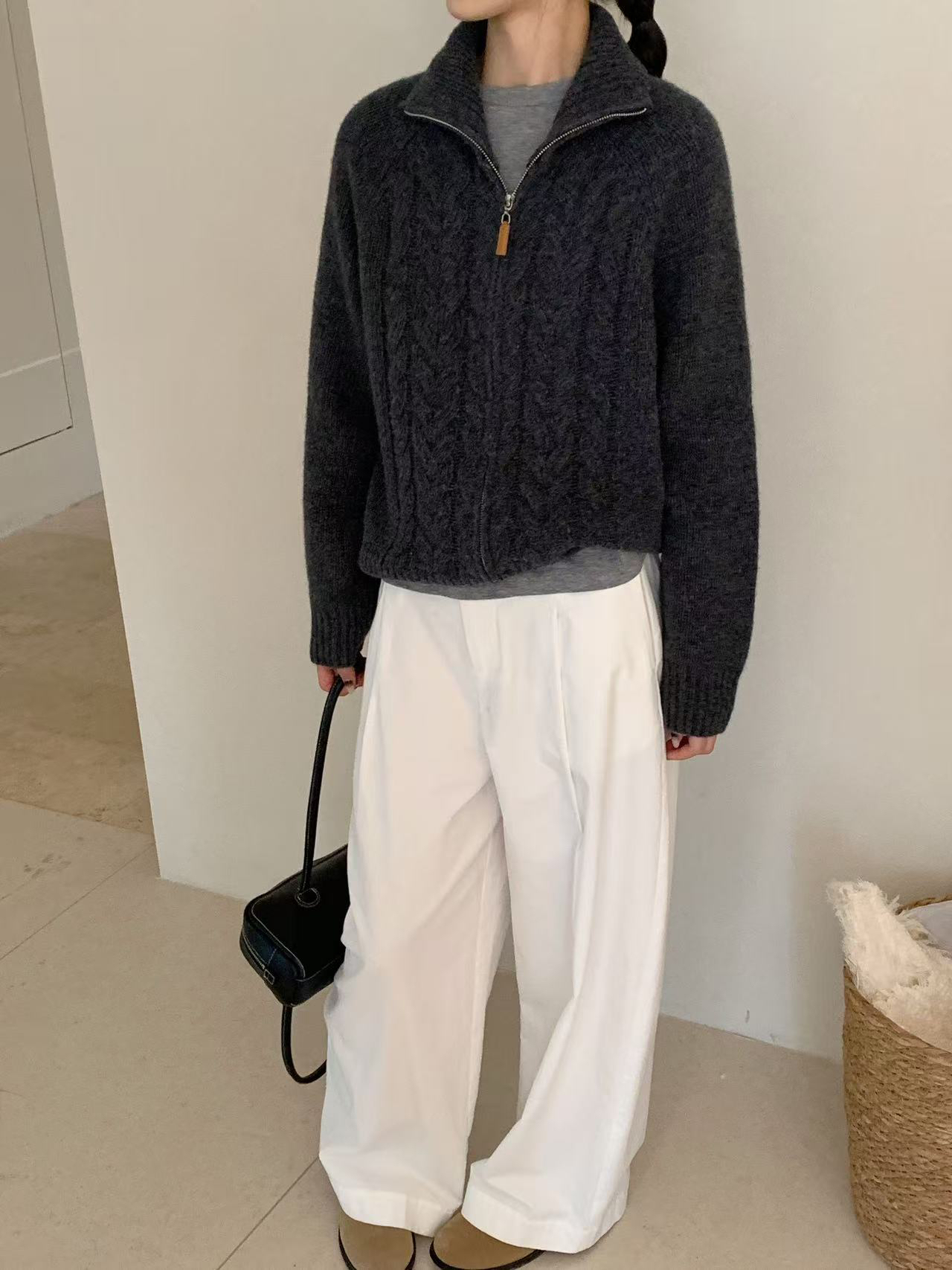 8490秋冬新款拉链立领麻花宽松显瘦软糯针织开衫女