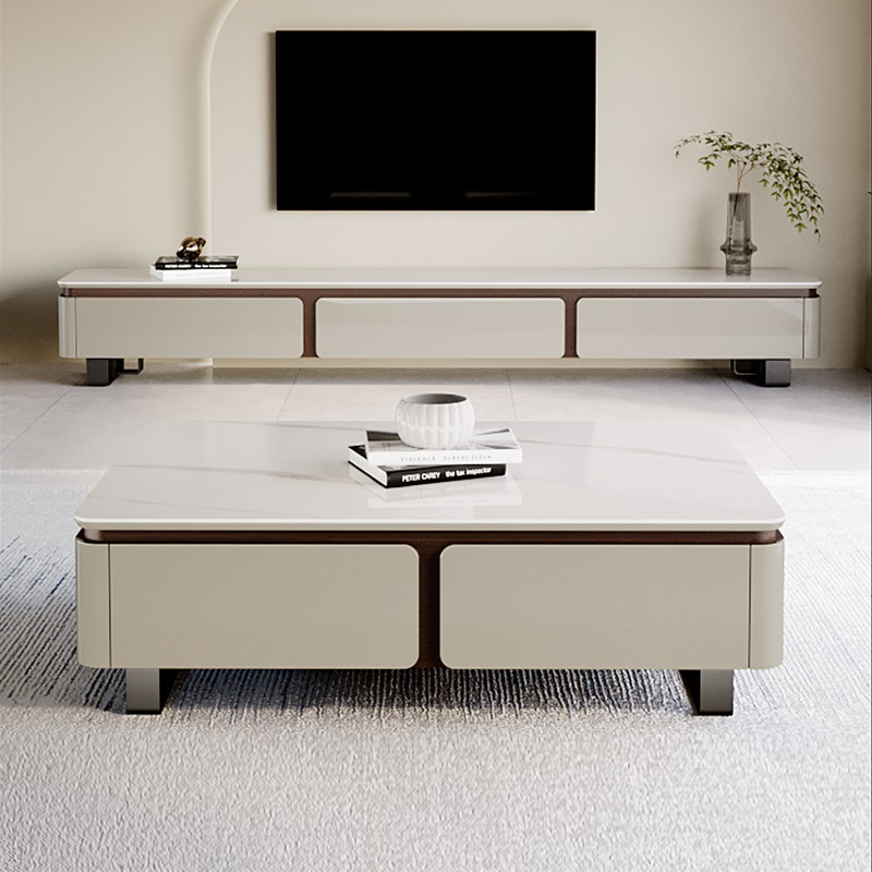 轻奢岩板茶几电视柜组合简约现代2025新款方形微晶石茶几客厅家用