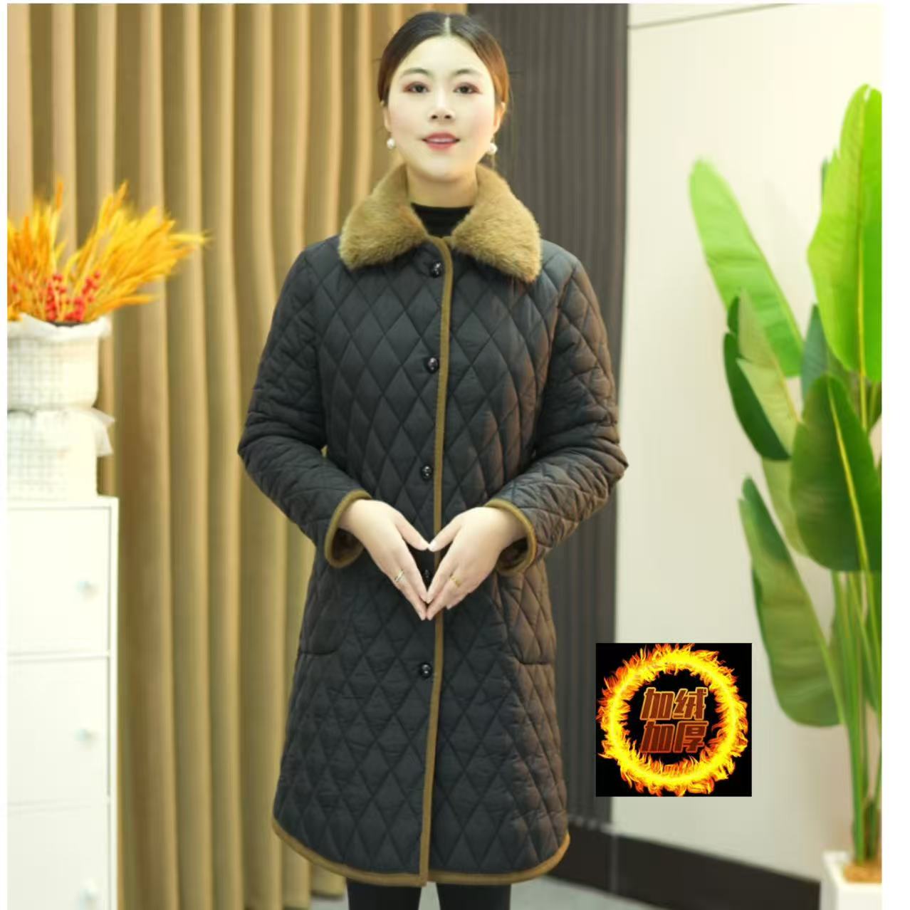 冬季洋气妈妈装加厚棉衣时尚加绒保暖翻领棉服中老年百搭加厚外套