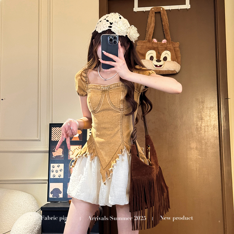 夏日冰果 【织物猪原创】 复古风棕色水洗牛仔短袖上衣女夏显瘦短裙