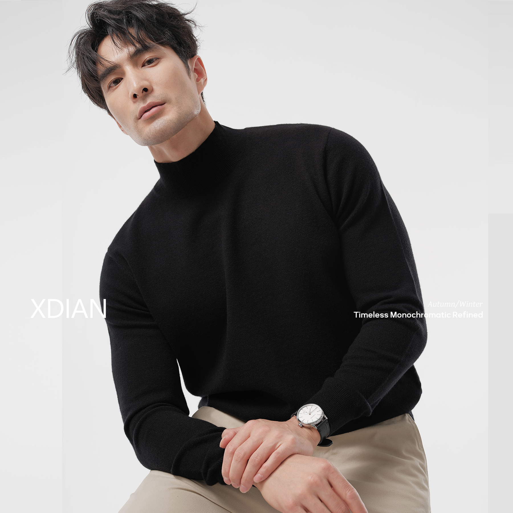 XDIAN/续点半高领毛衣秋冬男士针织长袖上衣绵羊毛男装休闲舒适