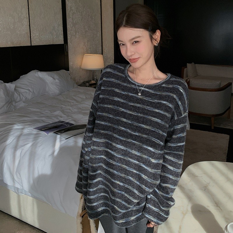 慵懒风韩系撞色条纹长袖内搭打底衫女秋冬季中长款宽松t恤上衣服