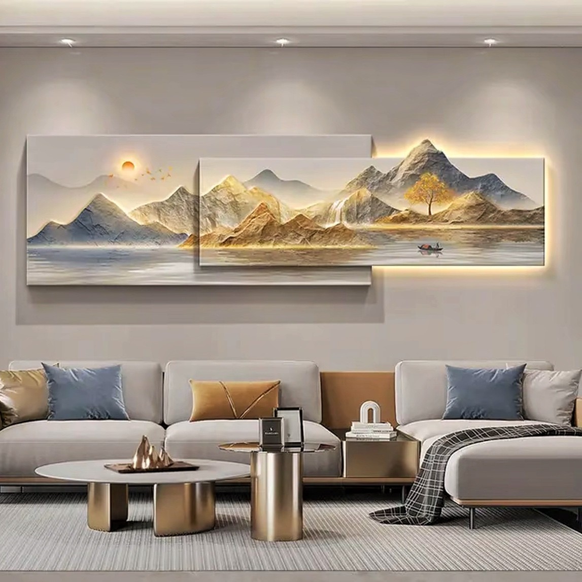 旭日东升山水画立体壁灯客厅挂画大气沙发背景墙装饰画轻奢高级感