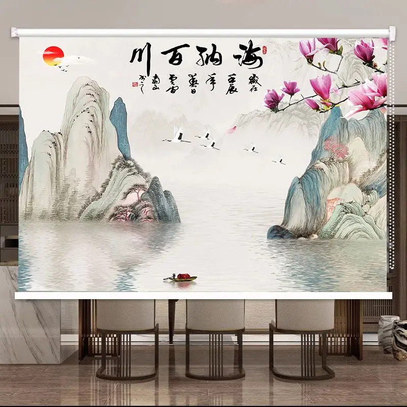 定制办公室书房客厅免打孔风景画山水画遮光遮阳帘卷帘窗帘