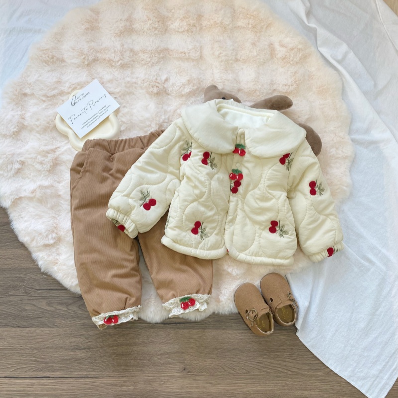 冬款宝宝衣服新款娃娃领樱桃加绒加厚花边裤女宝洋气套装