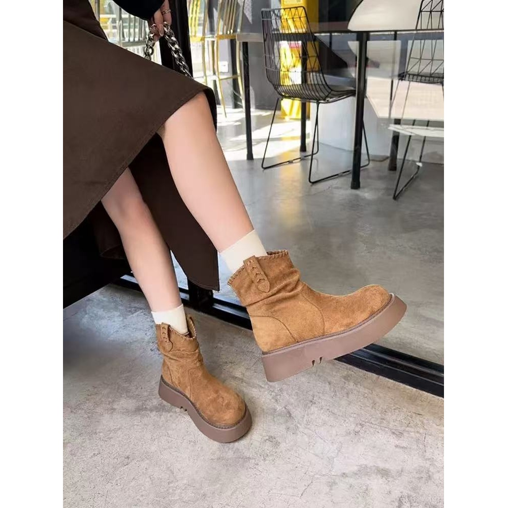 厚底时装靴女新款复古显瘦套筒马丁靴短靴9692（不加绒）