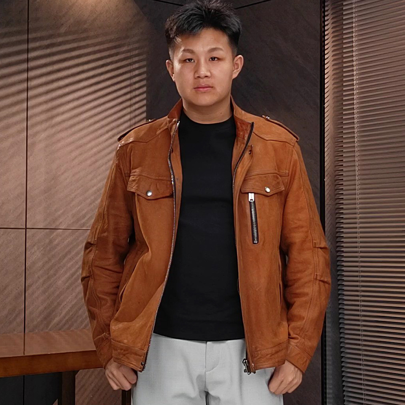 6055男款美式复古春秋真皮夹克山羊皮重水洗简约立领机车皮衣外套