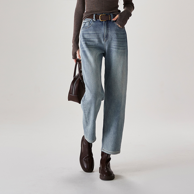 索菲丝尔【内里抓毛】高腰加厚牛仔裤女冬季宽松休闲哈伦裤442028