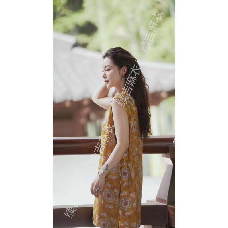 夏-续吉麻衣25-1297【盈兔追花】国风新中式复古印花中长款无袖旗袍