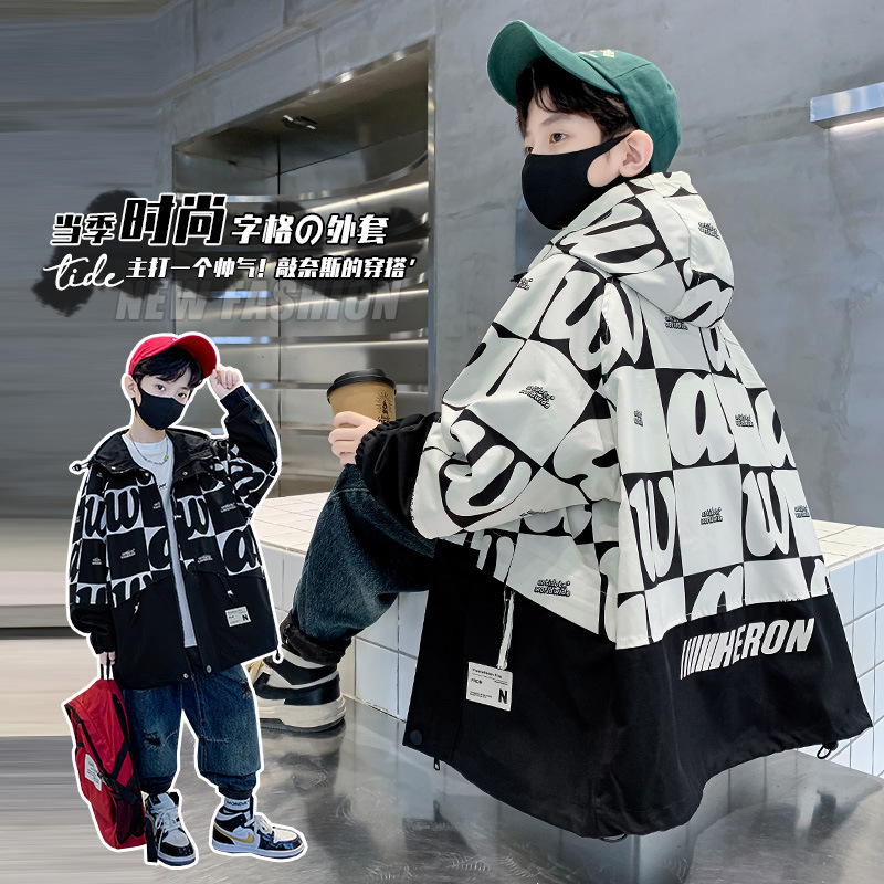 男童外套春装2025年新款中大童字母连帽风衣春秋款男孩外贸上衣