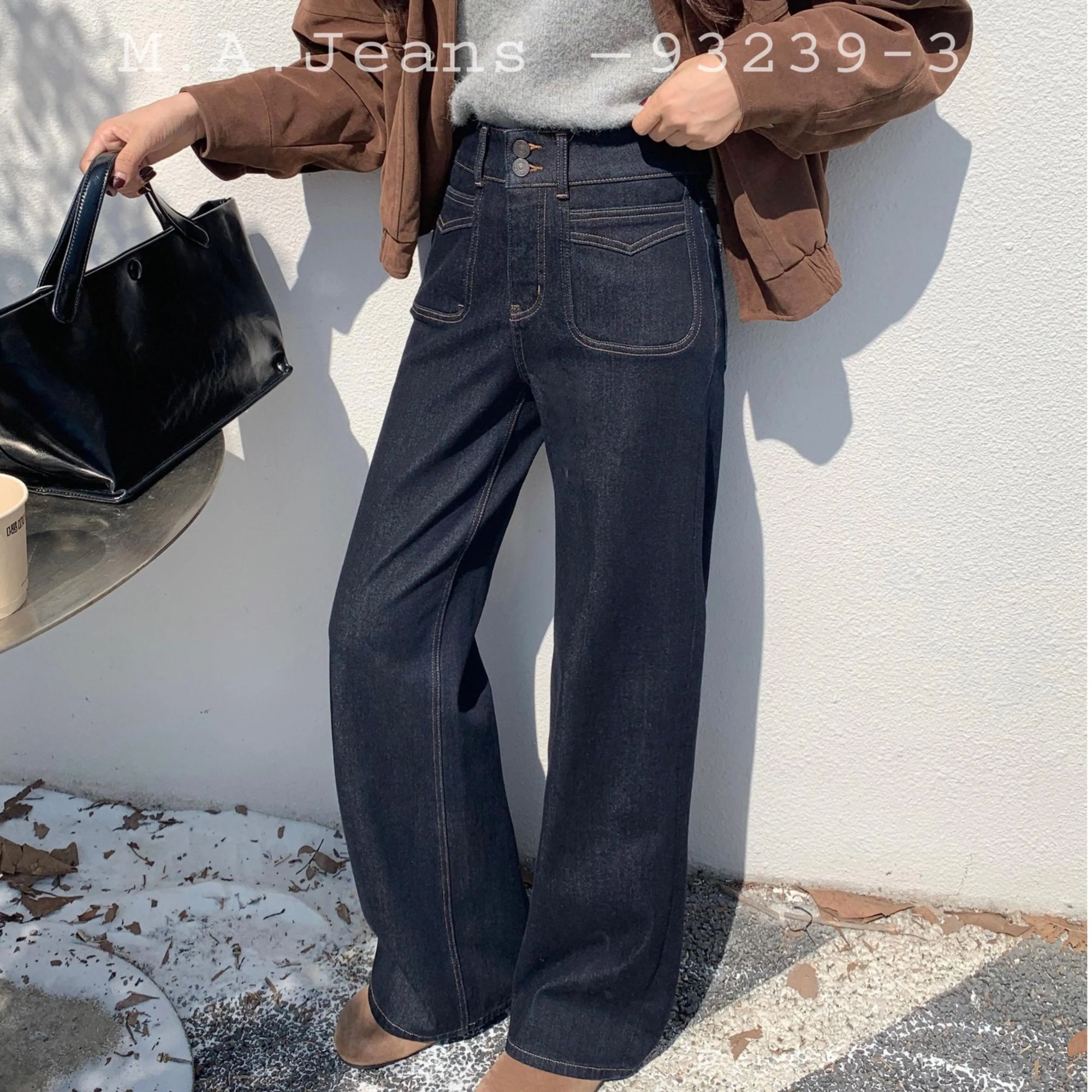 大码复古深蓝色水洗牛仔高腰宽松直筒拖地长裤9697