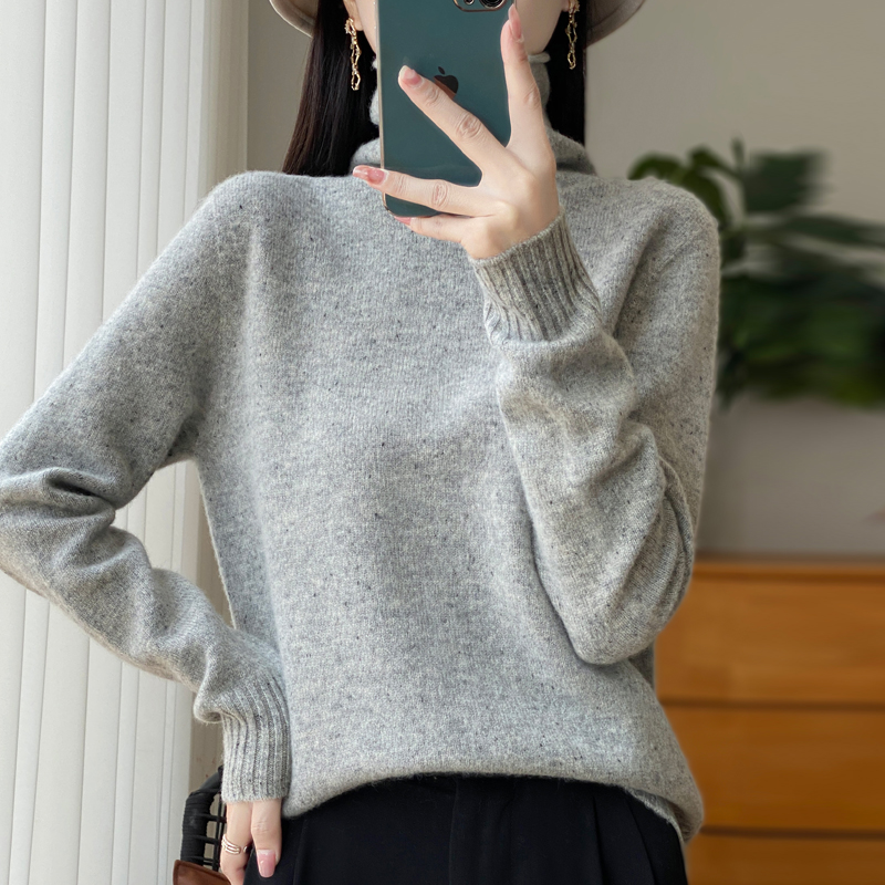 羊毛衫女100纯羊毛堆堆领秋冬新款套头针织打底衫宽松高领毛衣