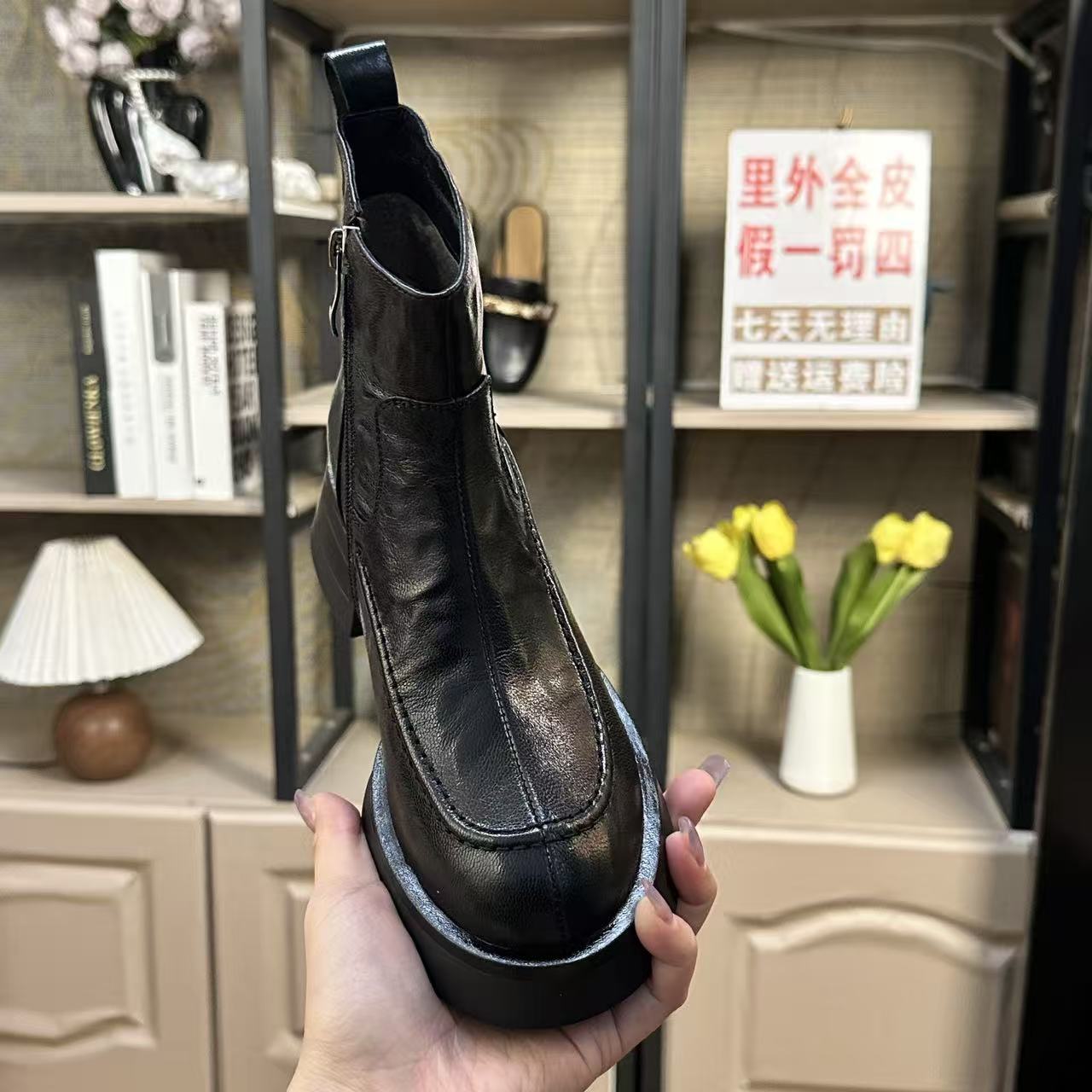 秋冬季新款气质百搭粗跟中跟舒适切尔西靴真皮厚底圆头短靴女