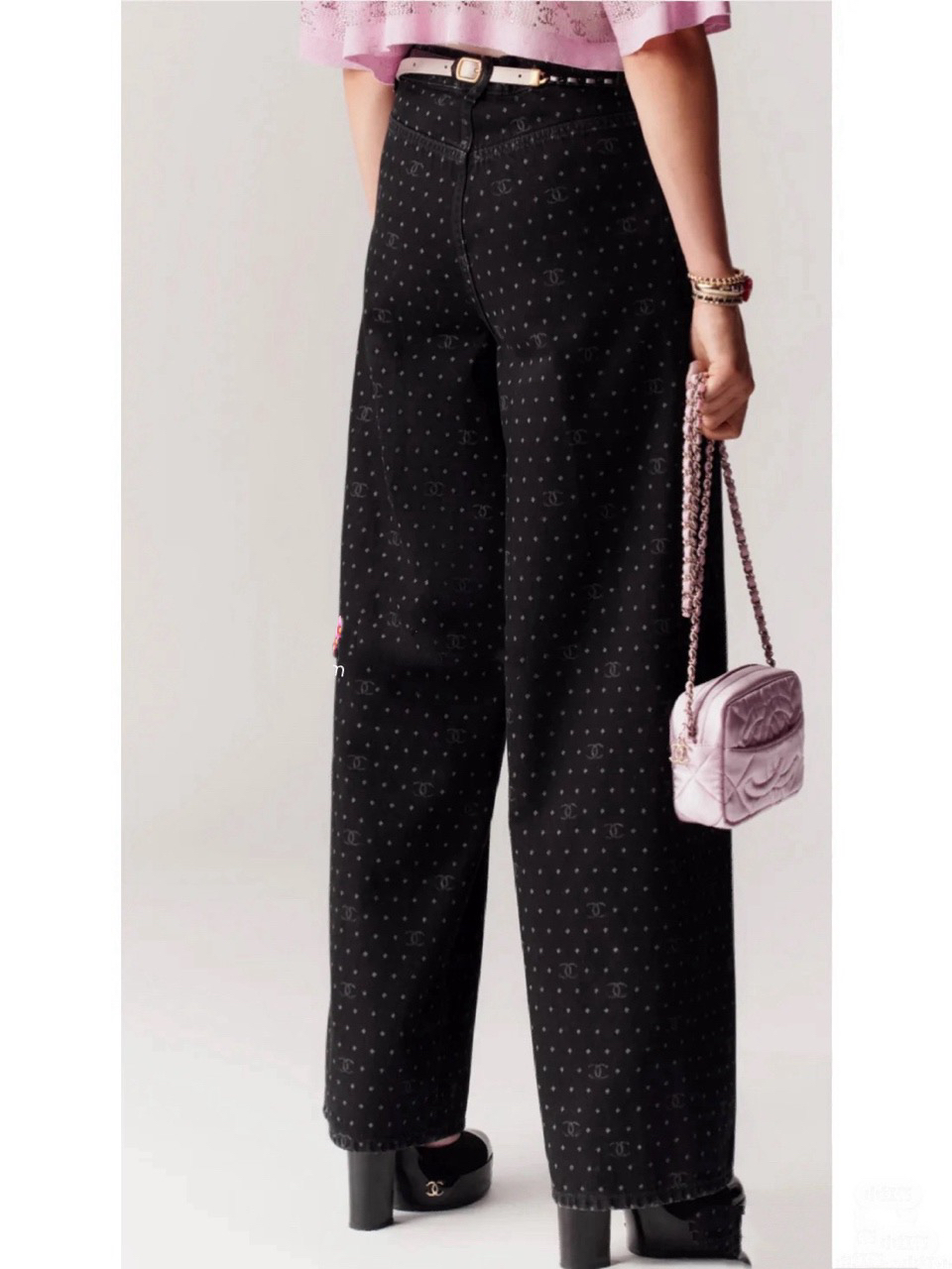 99新 Chanel/香奈儿 黑色满logo长裤 宽腿 阔腿 38码 