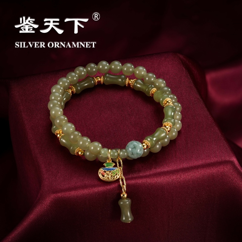 鉴天下镀金和田玉竹节珠圆珠串珠福袋双圈手串06200448