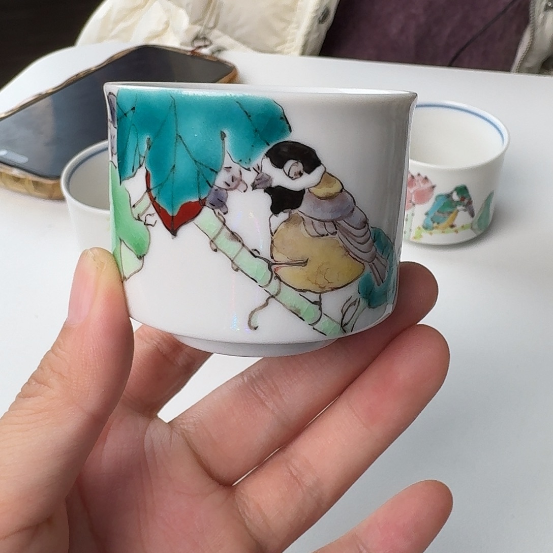 瓷片九谷烧山进泰花鸟茶杯