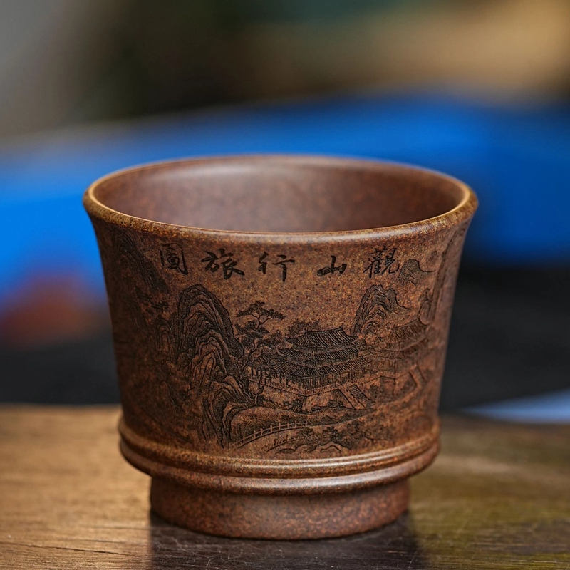 【2750观山行旅杯】宜兴原矿紫砂手工刻绘主人杯 直筒杯