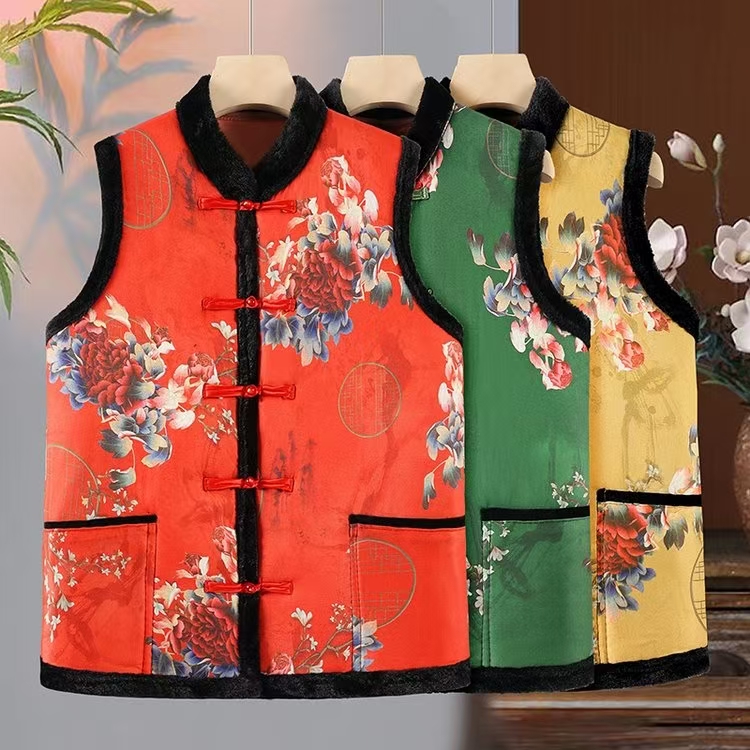 气质妈妈装复古加厚中国风民族风冬季印花马甲