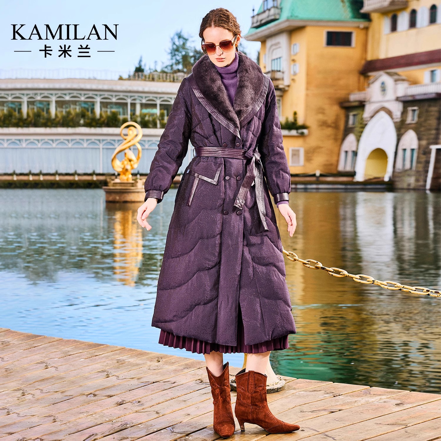 [水貂毛领]卡米兰绵羊皮拼接羽绒服女2024冬新款中长款鹅绒服外套