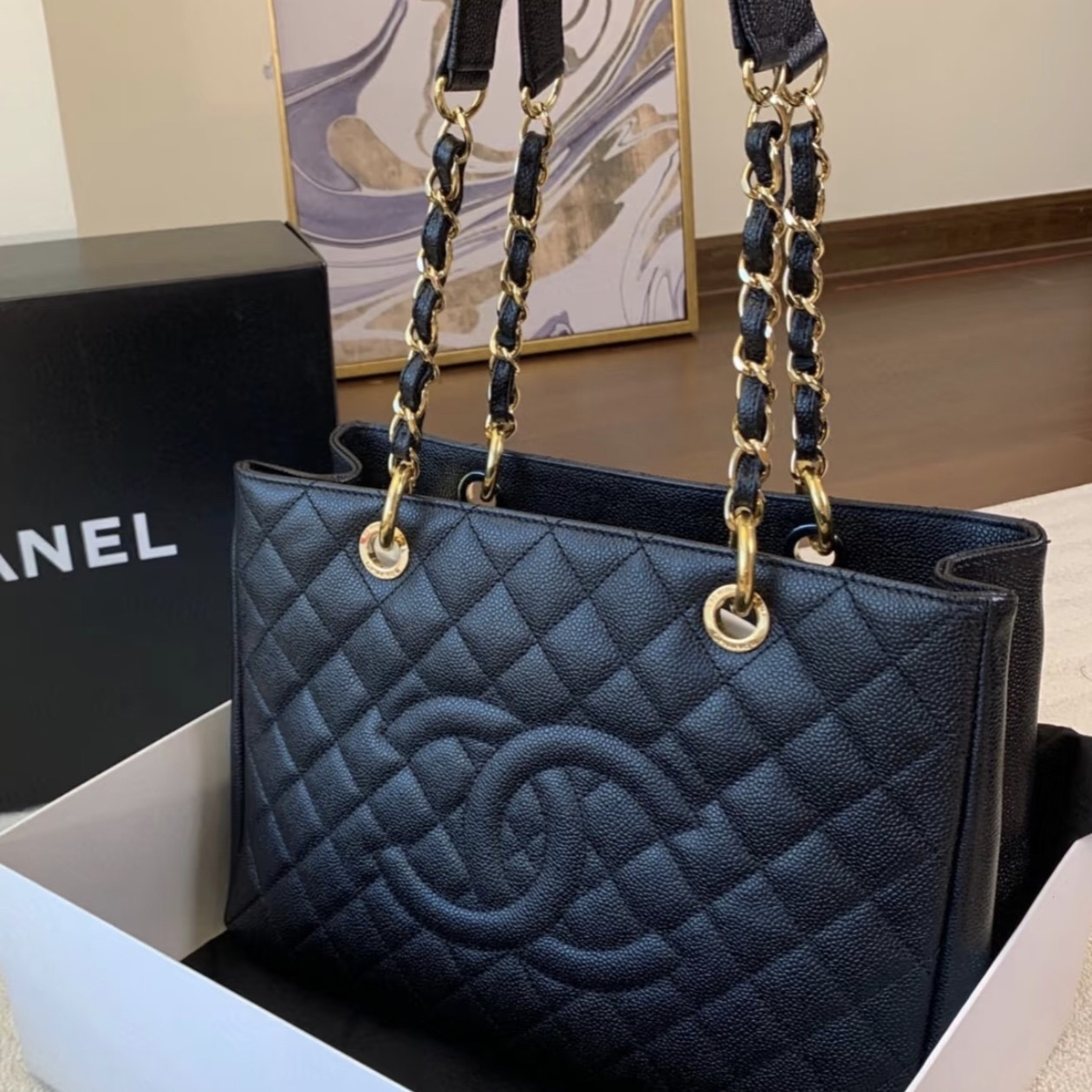 95新 Chanel/香奈儿 Chanel黑金荔枝纹GST托特 25120114-04
