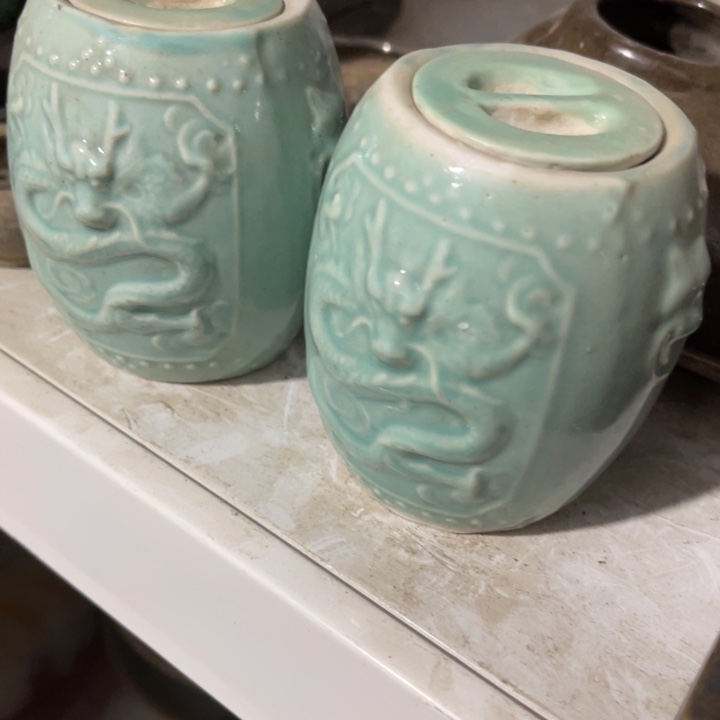 瓷其他绿色小鼓两个