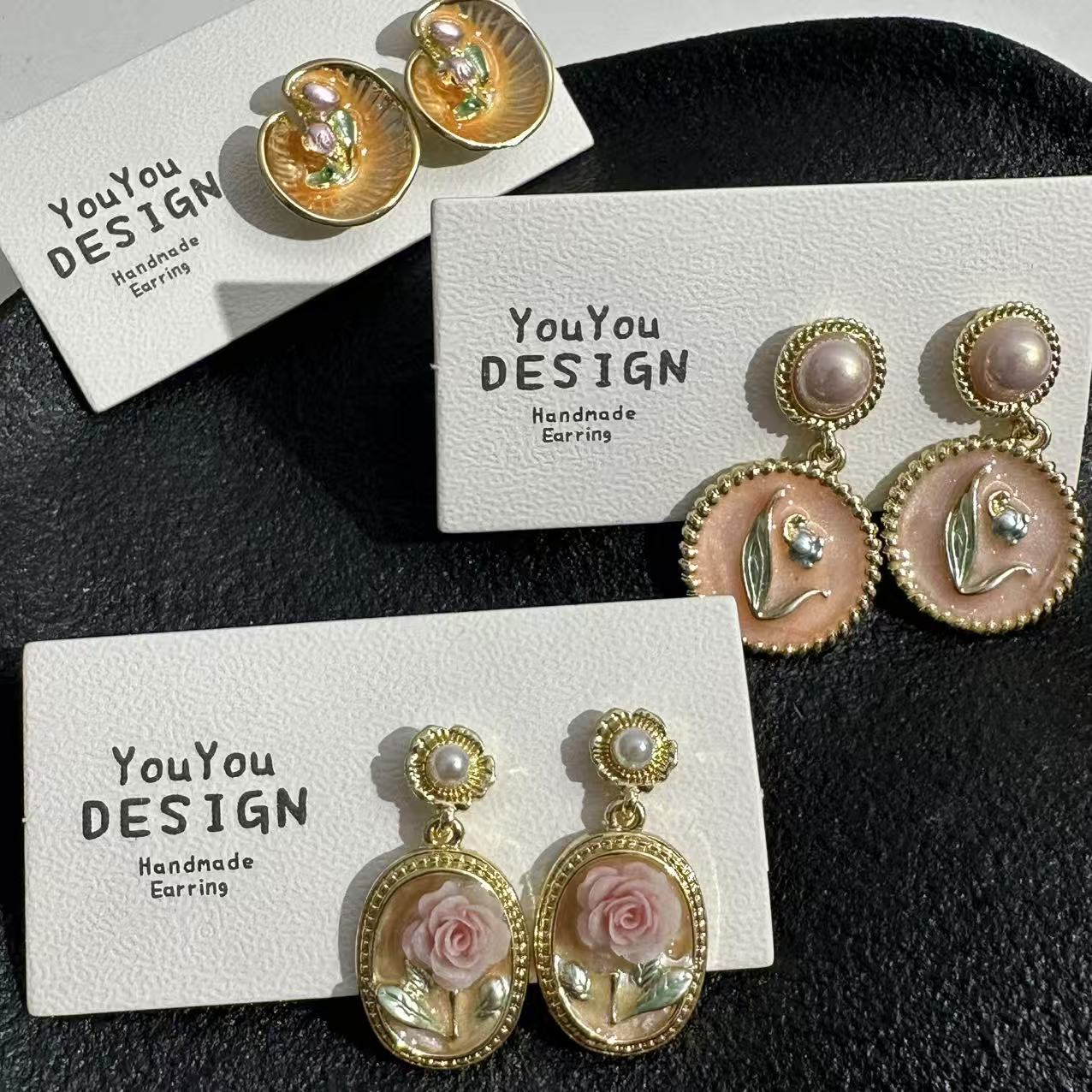 合金耳饰 少女风复古原创设计女绿色耳钉镶嵌优雅手工百搭素款