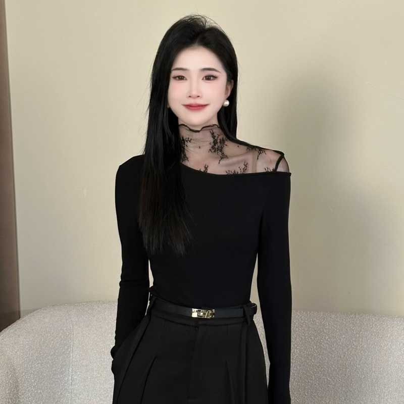 【约会日】秋冬新款拼接长袖T恤女设计感加绒加厚打底衫上衣8890