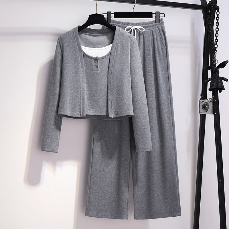 灰色休闲运动三件套裤装女2025春季新款洋气质减龄穿搭一整套装潮