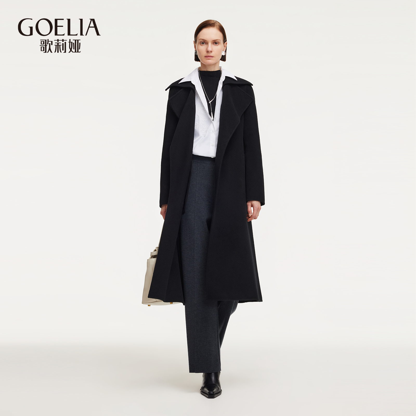 【专享】歌莉娅冬季新品 翻领收腰双面呢大衣配腰带1ECL6N2V0