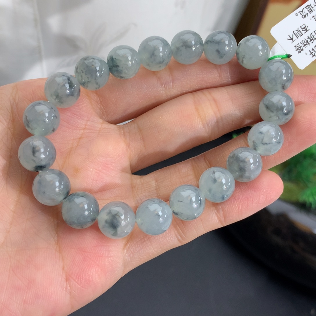 翡翠未镶嵌手串卡9.8胶润水墨画手串